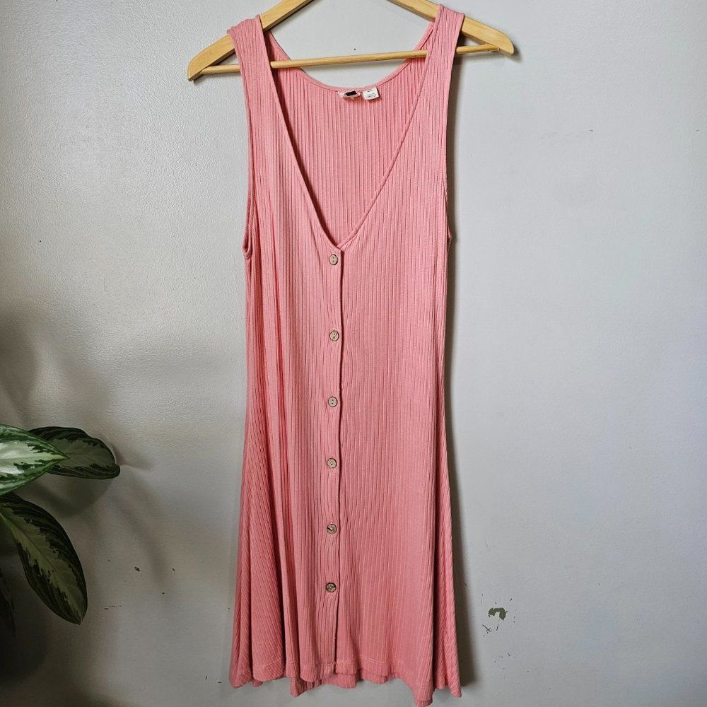 EUC WORN ONCE ROXY RIBBED PEACH DEEP V NECK BUTTONED SLEEVELESS DRESS XL